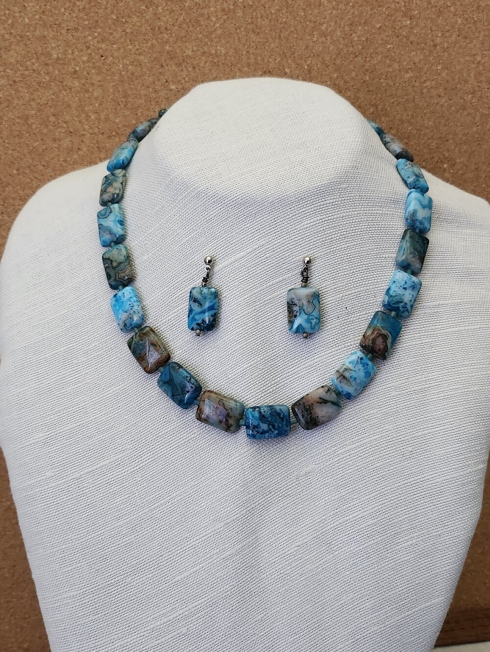 Sterling Silver "Blue Ocean Jasper" Beaded Necklace and Earrings Set